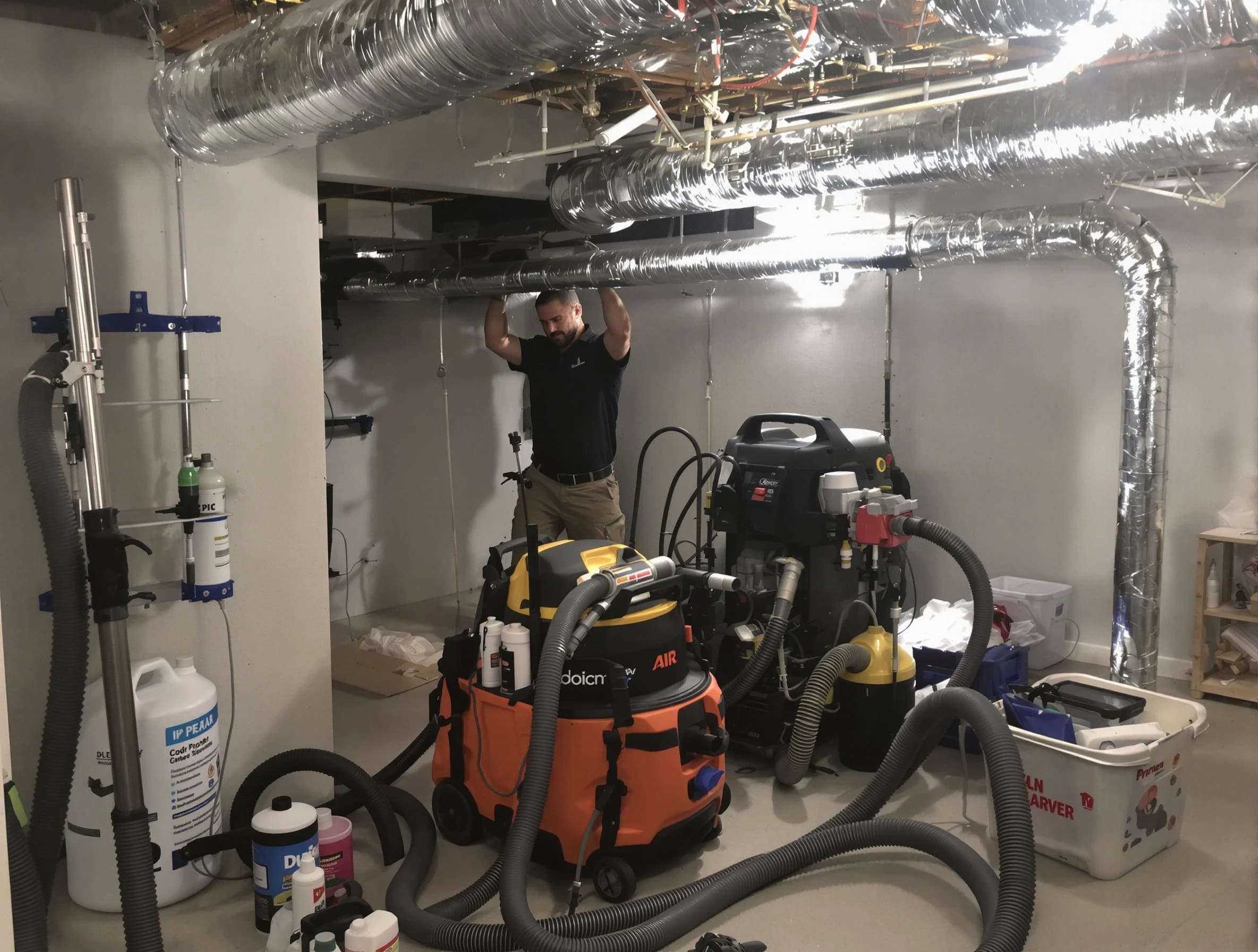 Quincy Air Duct Cleaning specialist performing professional mold removal from air ducts using safety equipment in Quincy